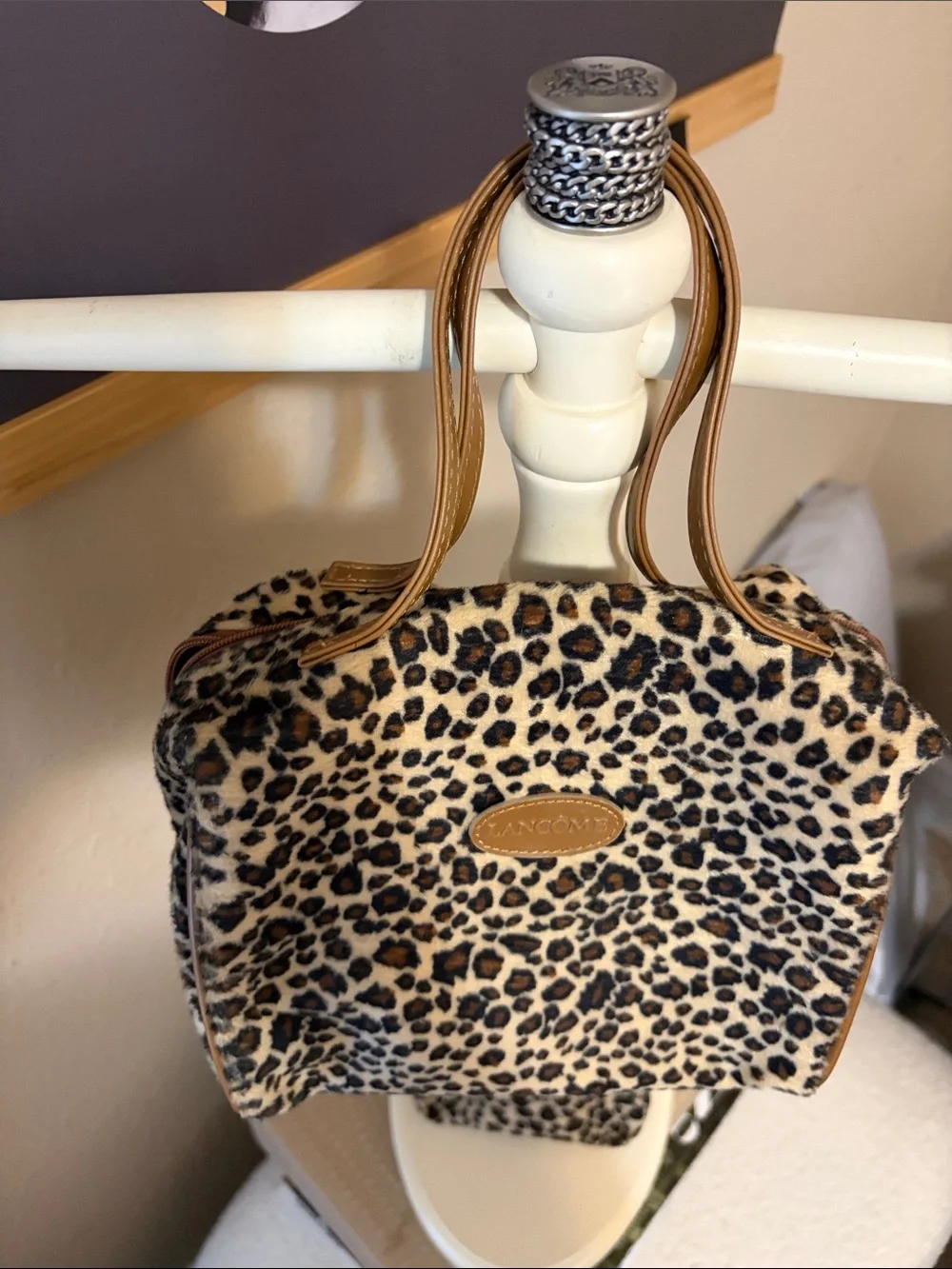 90’s Lancôme 2 piece Leopard Print Cosmetic Bag with Tan Trim and Handles